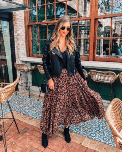 leopard print maxi skirt and leather jacket outfit