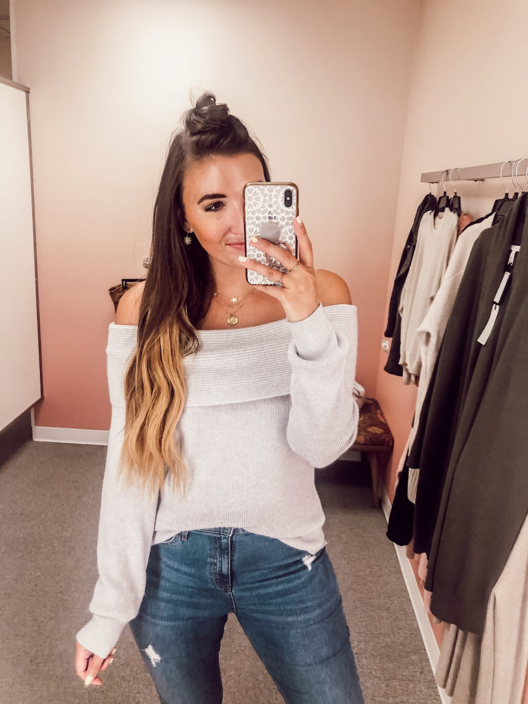 gray off the shoulder sweater